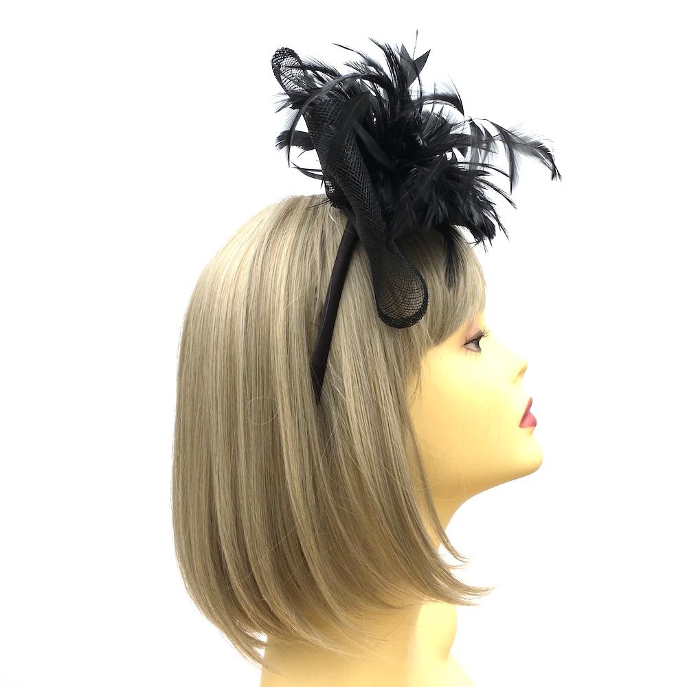 Black Fascinator Hair Band with Bow &amp; Feathers-Fascinators Direct