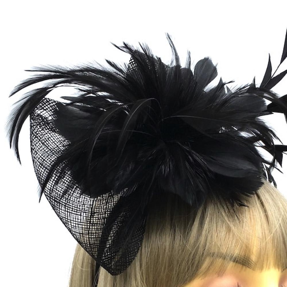 Black Fascinator Hair Band with Bow Feathers Funeral Fascinators