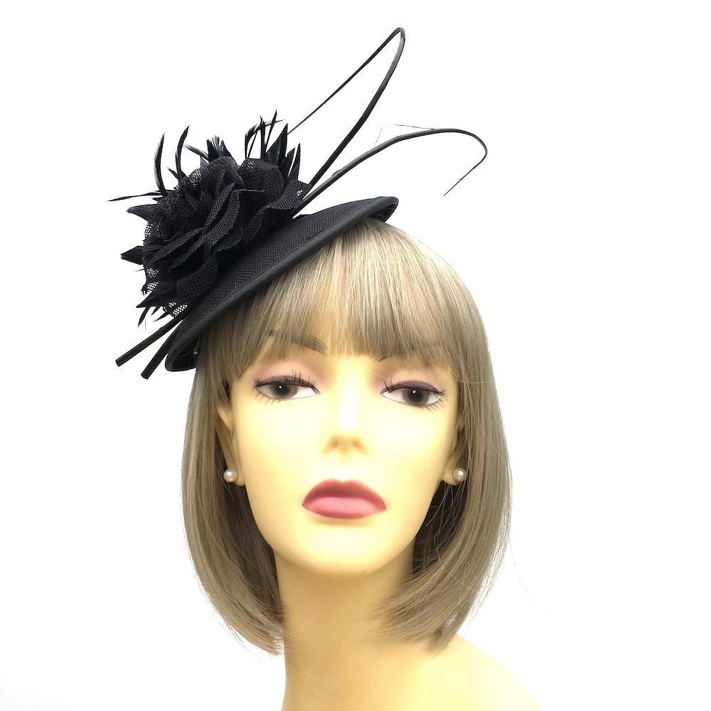 Black Fascinator Hat with Curled Quills and Feather Flower-Fascinators Direct
