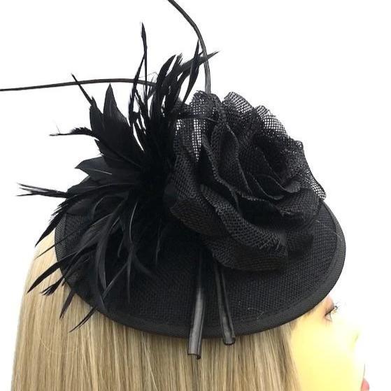 Black Fascinator Hat with Curled Quills and Feather Flower-Fascinators Direct