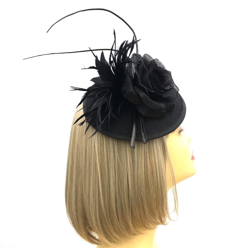 Black Fascinator Hat with Curled Quills and Feather Flower-Fascinators Direct