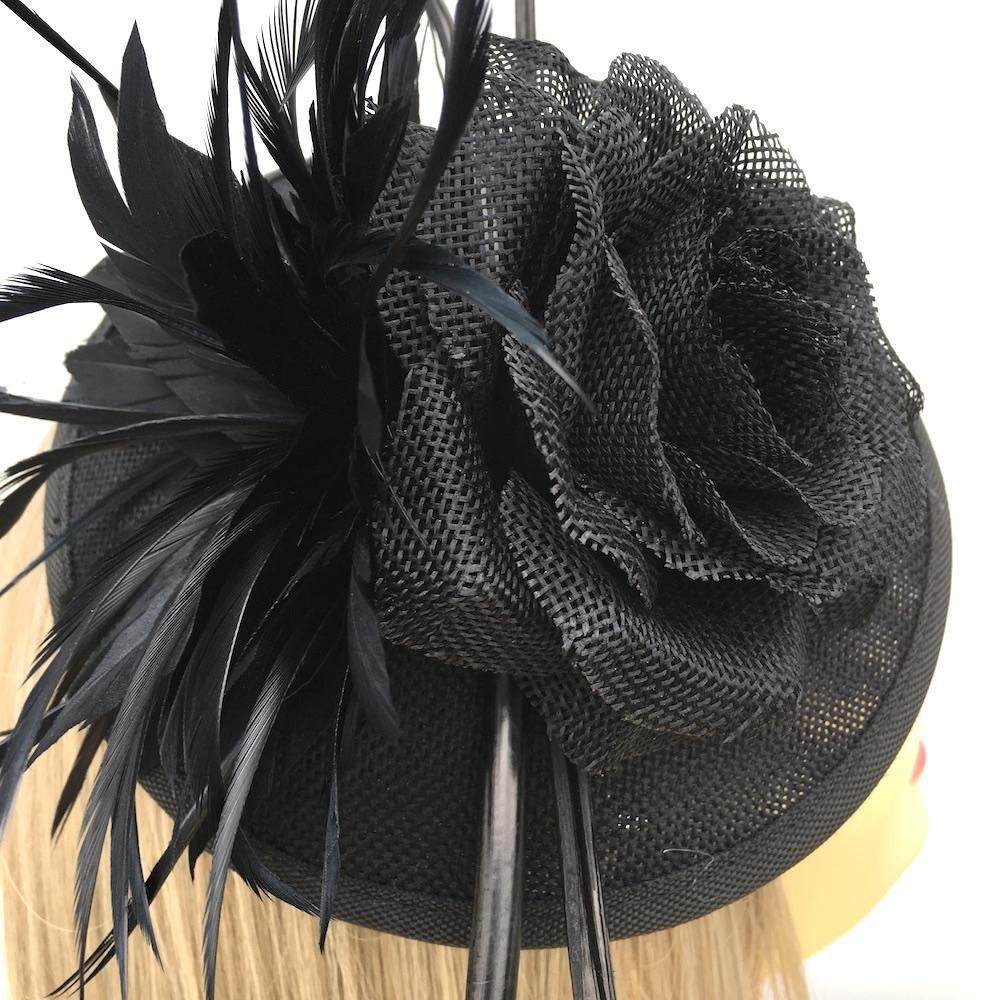 Black Fascinator Hat with Curled Quills and Feather Flower-Fascinators Direct
