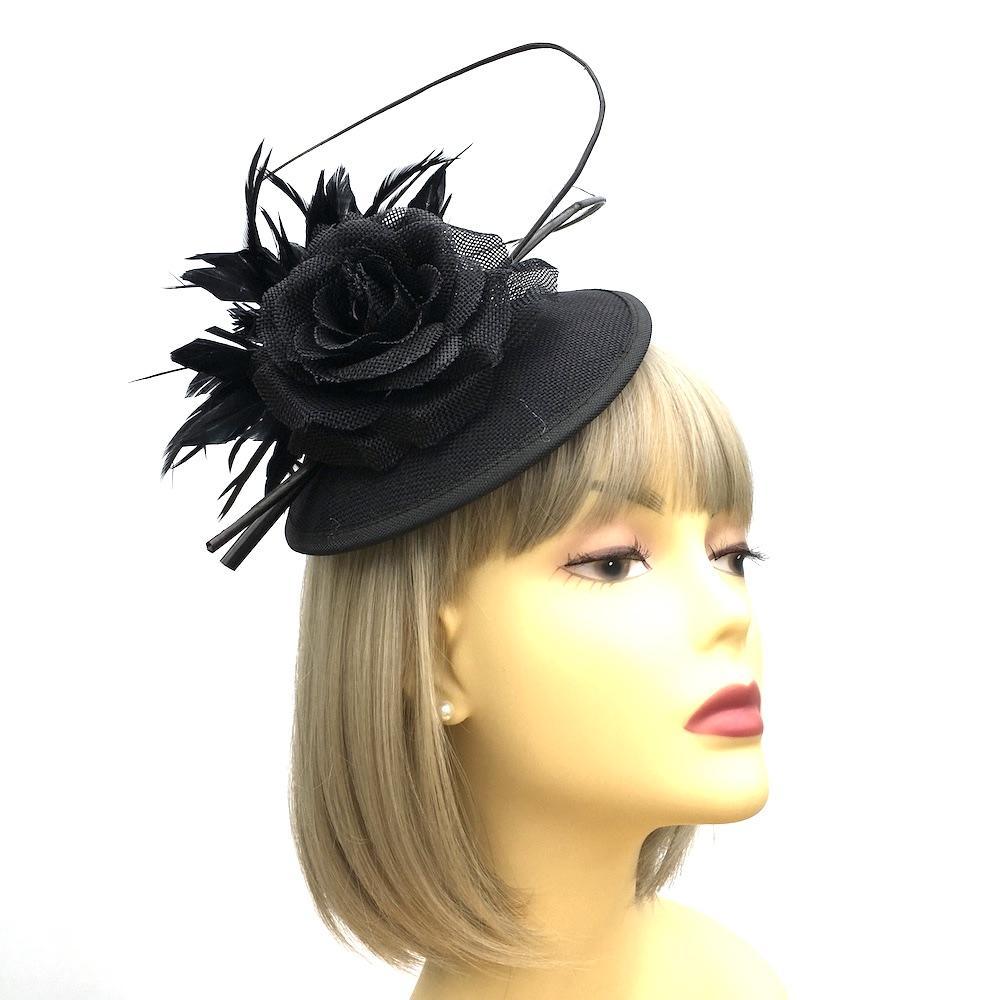 Black Fascinator Hat with Curled Quills and Feather Flower-Fascinators Direct
