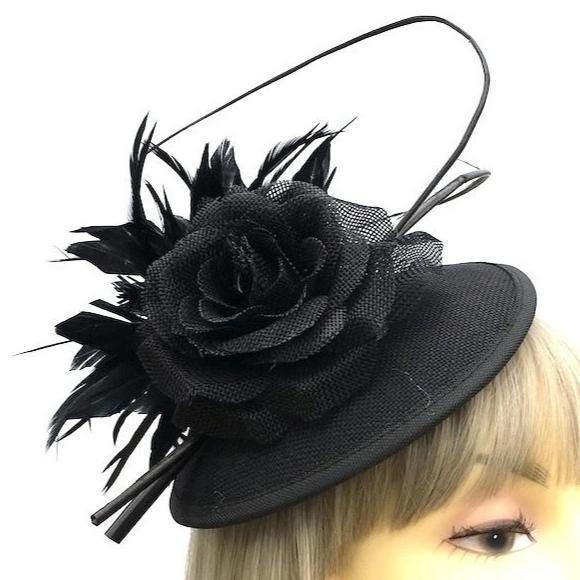 Black Fascinator Hat with Curled Quills and Feather Flower-Fascinators Direct