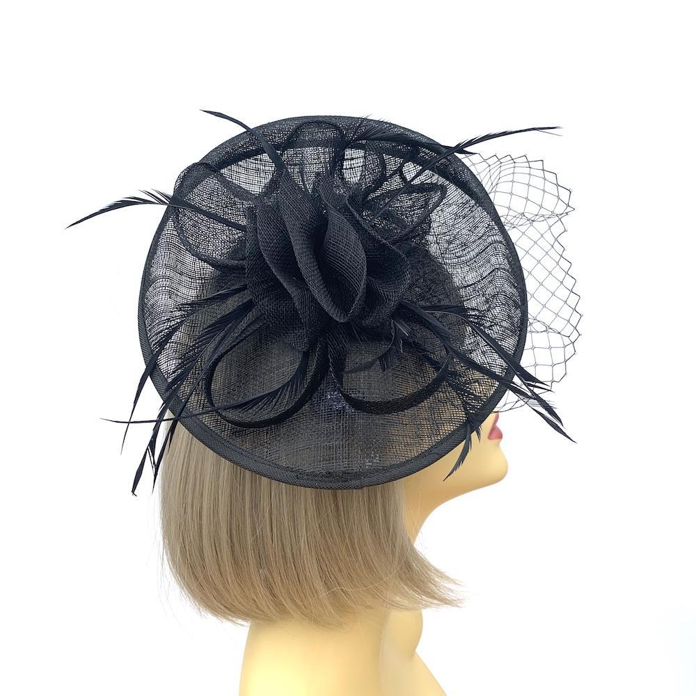 Black Fascinator Hat with Feathers and Scalloped Sinamay Detailing-Fascinators Direct