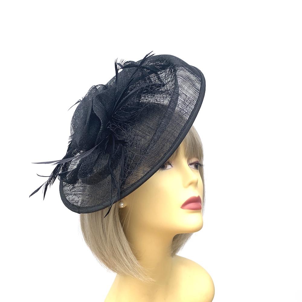 Black Fascinator Hat with Feathers and Scalloped Sinamay Detailing-Fascinators Direct