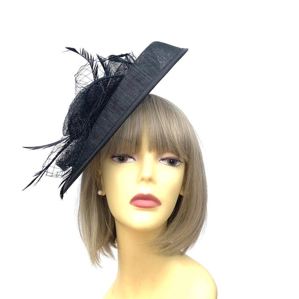Black Fascinator Hat with Feathers and Scalloped Sinamay Detailing-Fascinators Direct