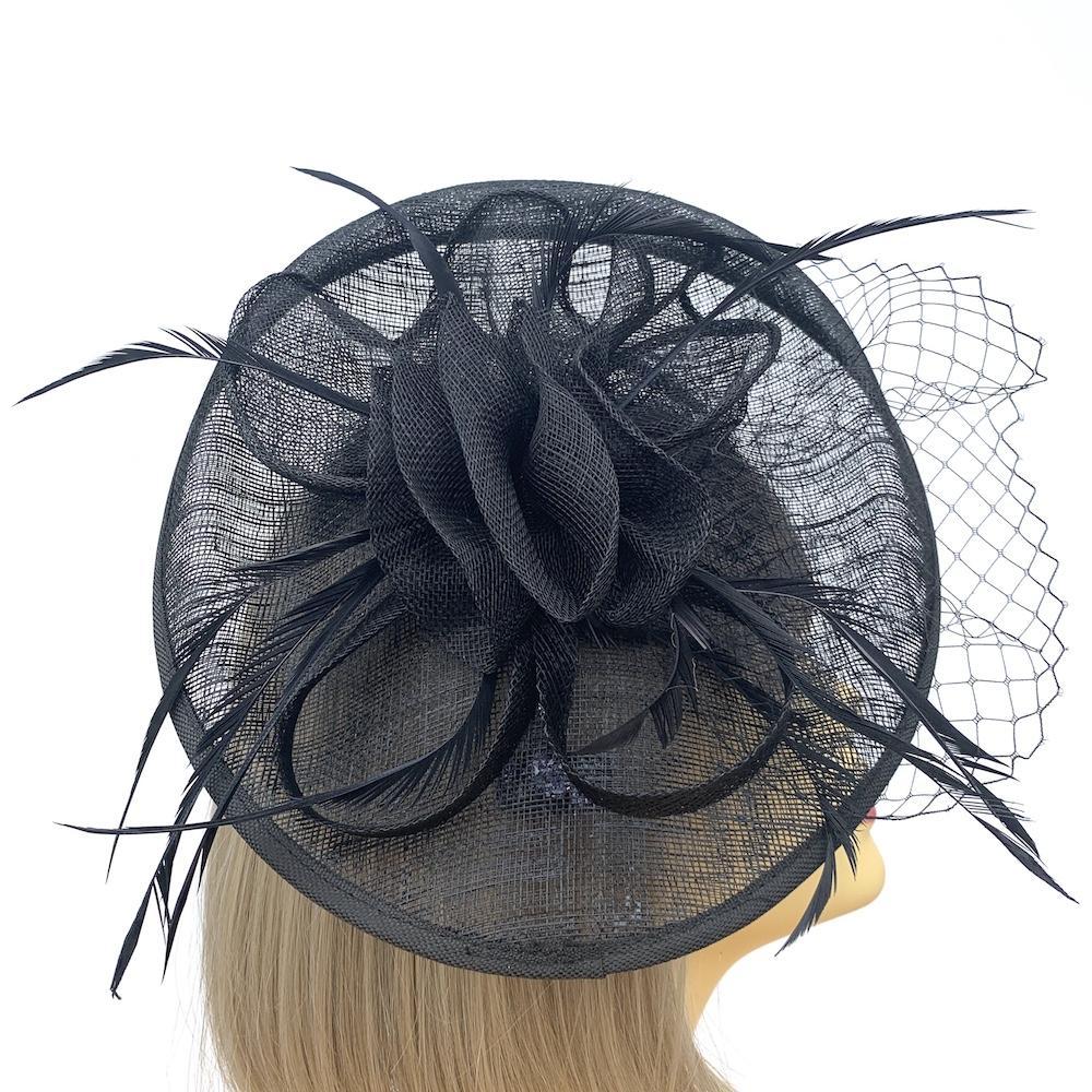 Black Fascinator Hat with Feathers and Scalloped Sinamay Detailing-Fascinators Direct