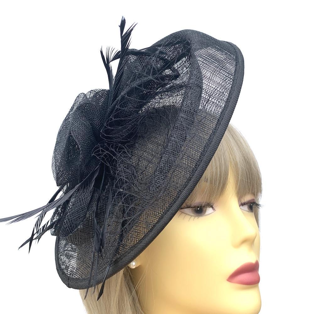 Black Fascinator Hat with Feathers and Scalloped Sinamay Detailing-Fascinators Direct
