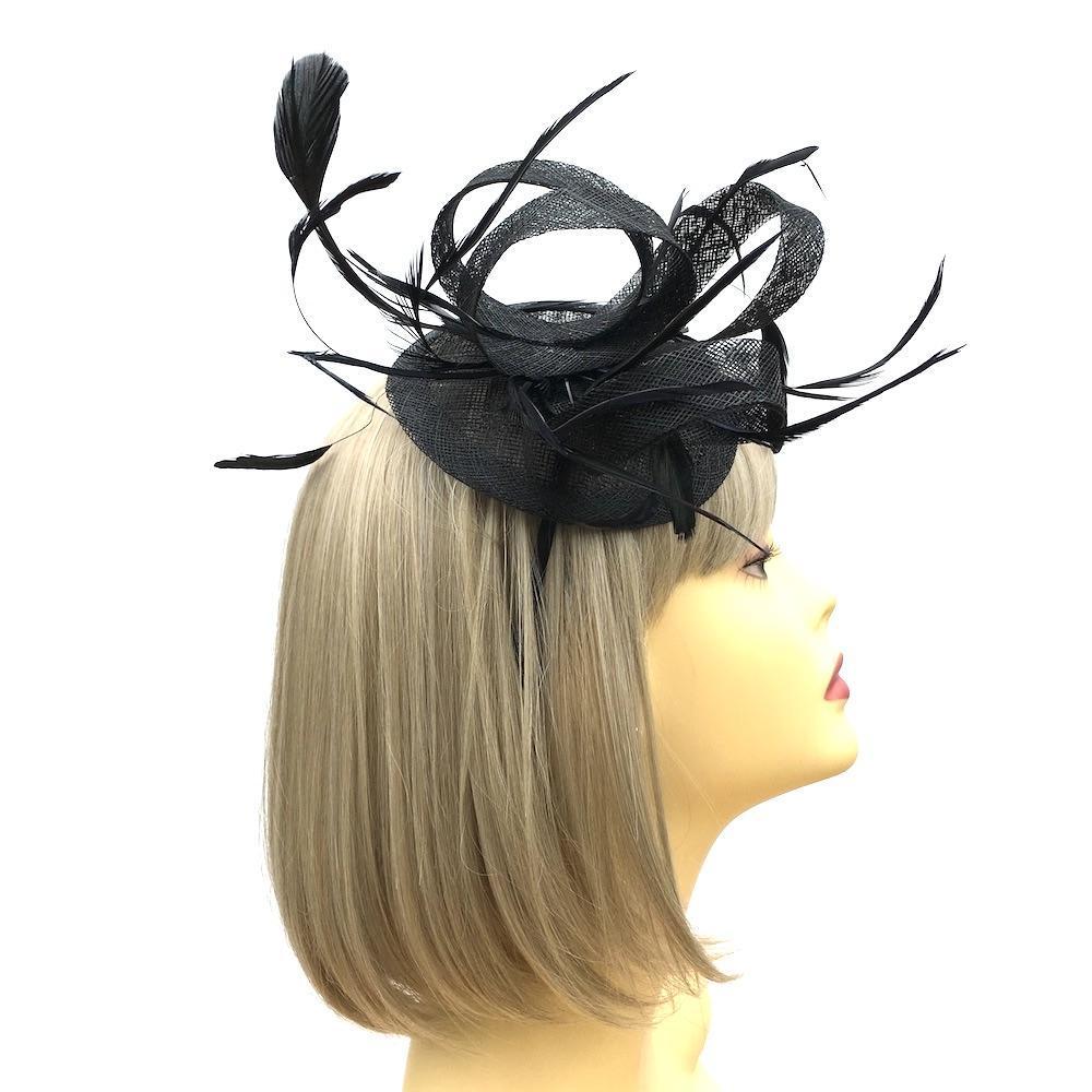 Black Fascinator Headband with Feathers &amp; Sinamay Loops-Fascinators Direct
