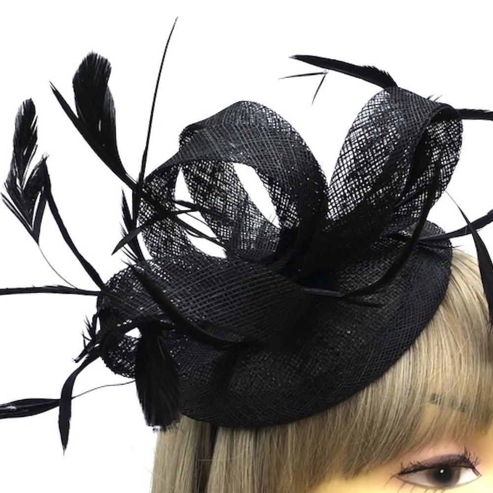 Black Fascinator Headband with Feathers &amp; Sinamay Loops-Fascinators Direct