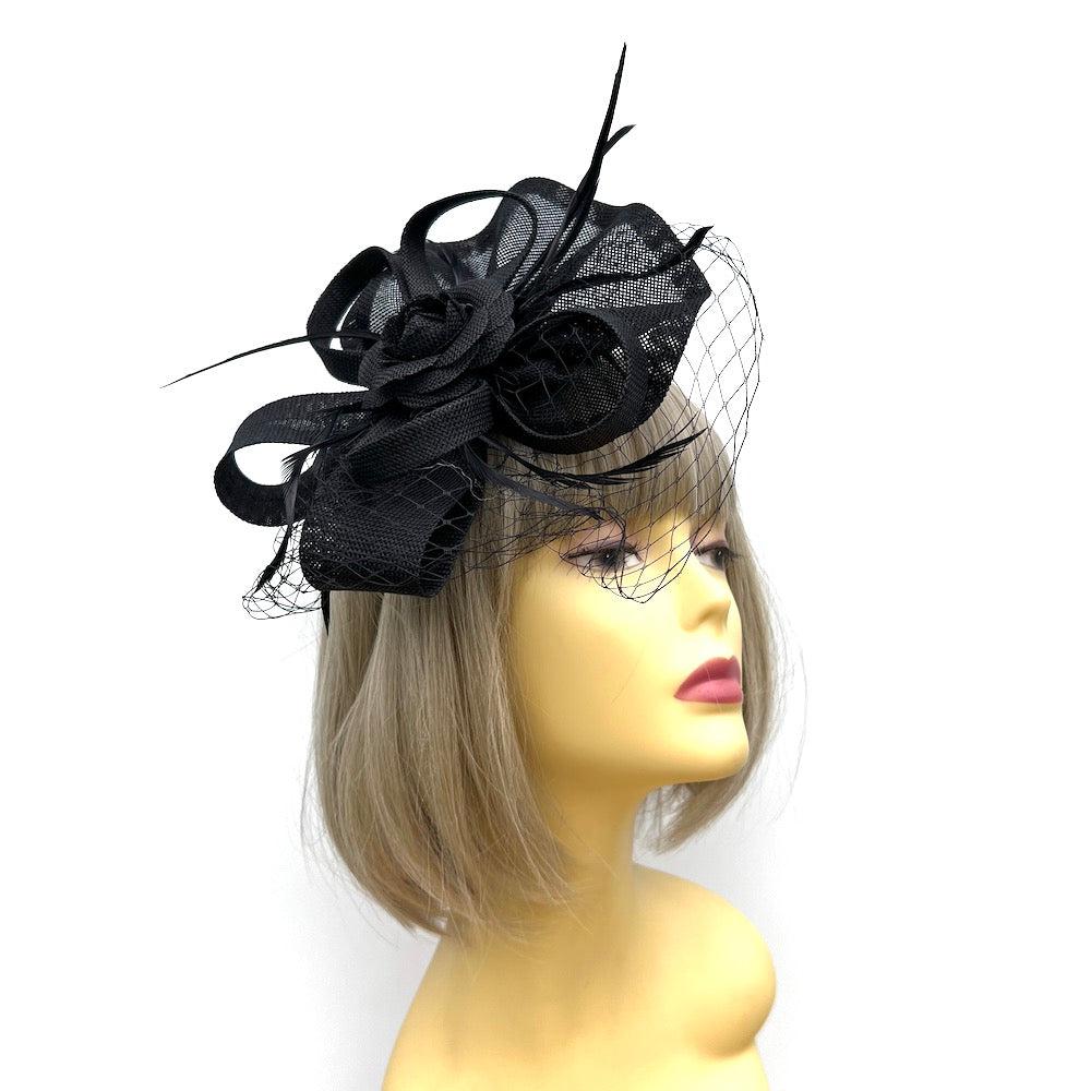 Black Fascinator Headband with Fluted Sinamay, Feathers & Net-Fascinators Direct