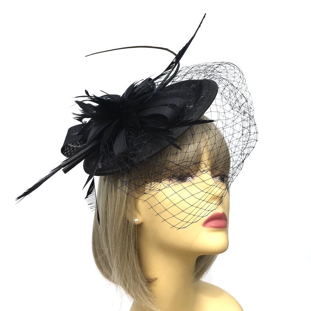 Black Fascinator with Veil & Feather Quill-Fascinators Direct
