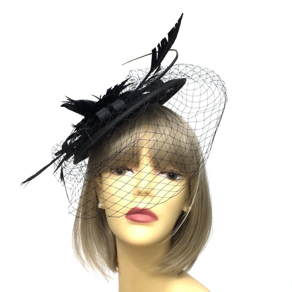Black Fascinator with Veil &amp; Feather Quill-Fascinators Direct