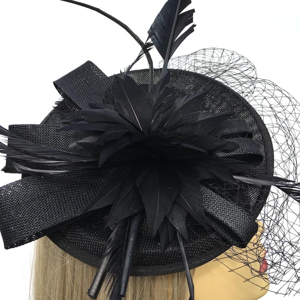 Black Fascinator with Veil &amp; Feather Quill-Fascinators Direct
