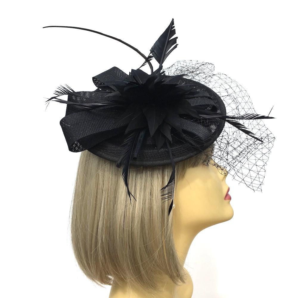 Black Fascinator with Veil &amp; Feather Quill-Fascinators Direct