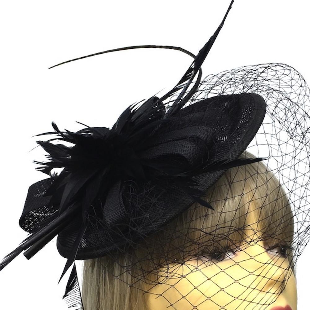 Black Fascinator with Veil &amp; Feather Quill-Fascinators Direct
