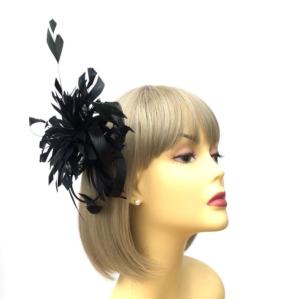 Black Feather Fascinator with Sinamay Loops-Fascinators Direct