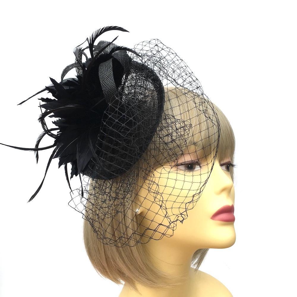 Black Feather Flower Disc Fascinator with Veil-Fascinators Direct