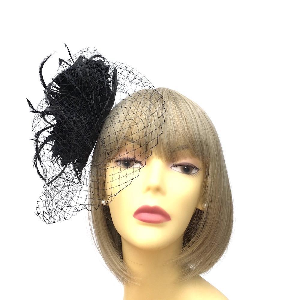 Black Feather Flower Disc Fascinator with Veil-Fascinators Direct