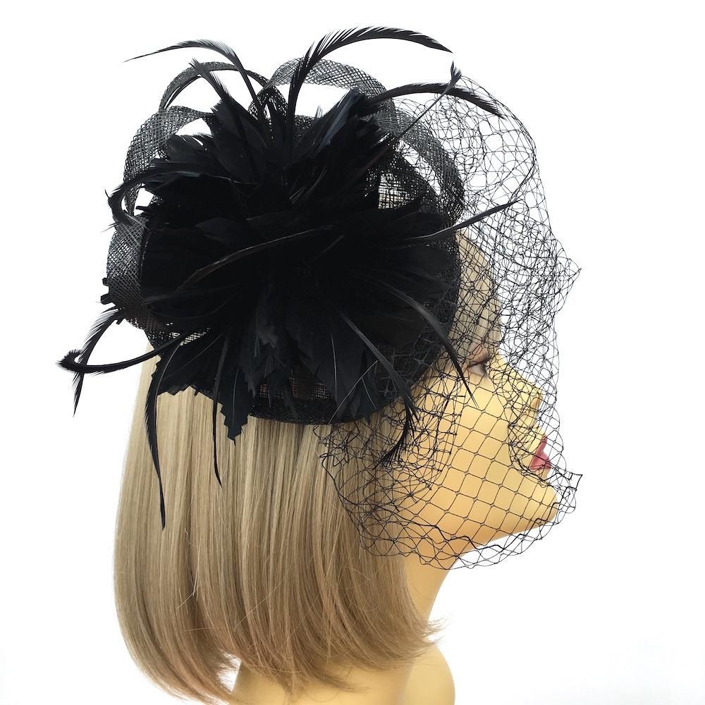 Black Feather Flower Disc Fascinator with Veil-Fascinators Direct