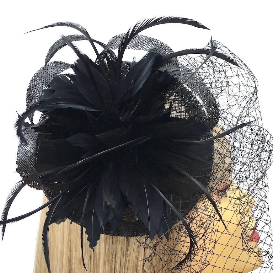 Black Feather Flower Disc Fascinator with Veil-Fascinators Direct