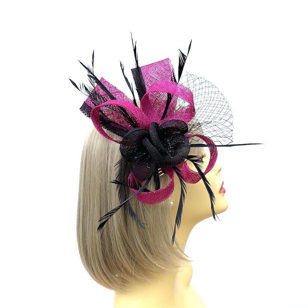 Black &amp; Fuschia Pink Fascinator on Comb with Loops &amp; Feathers-Fascinators Direct