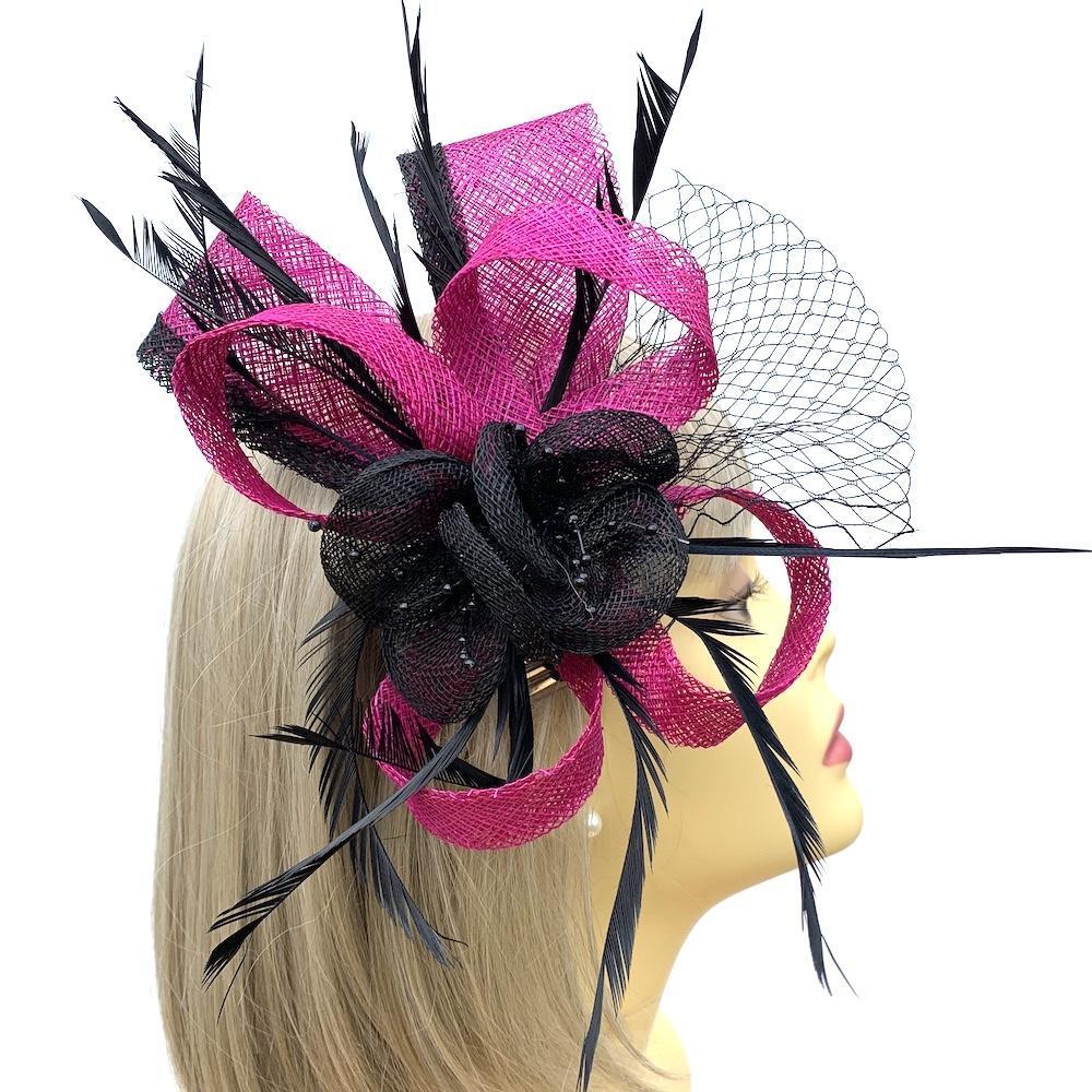 Black &amp; Fuschia Pink Fascinator on Comb with Loops &amp; Feathers-Fascinators Direct