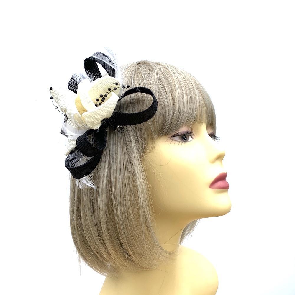 Black & Ivory Cream Small Fascinator with Feathers & Beads-Fascinators Direct