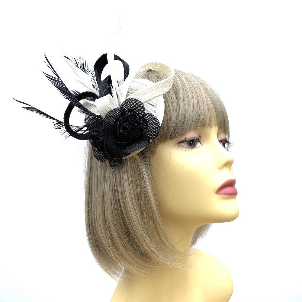 Black & Ivory Small Fascinator with Roses and Feathers-Fascinators Direct