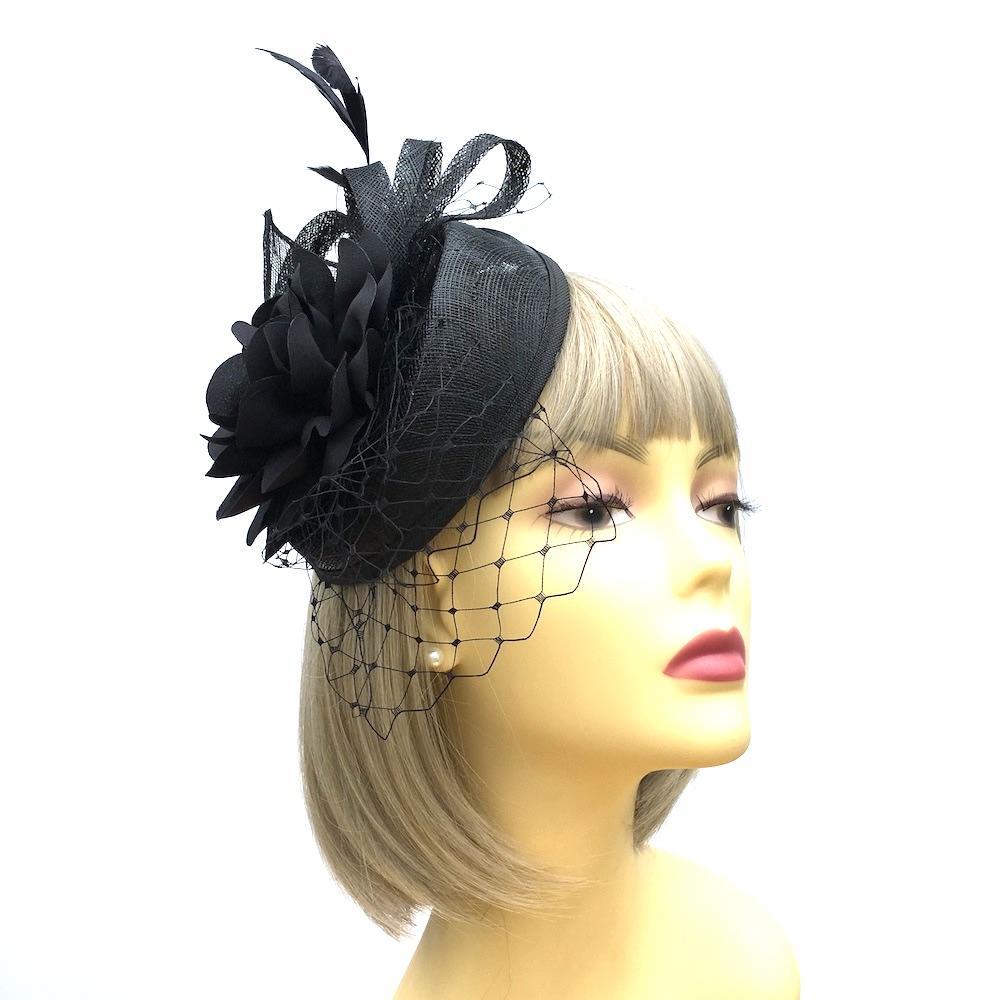 Black Pillbox Fascinator Hat with Dahlia Flower & Netting-Fascinators Direct
