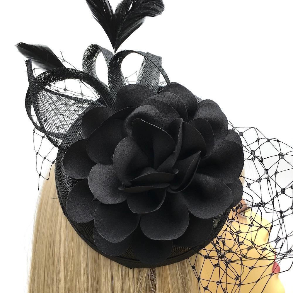 Black Pillbox Fascinator Hat for Funerals with Dahlia Flower & Net