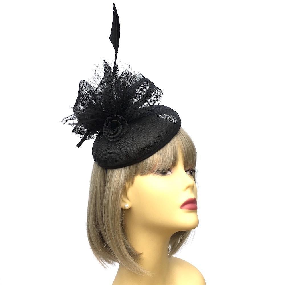 Black Pillbox Fascinator Hat with Feather Quill-Fascinators Direct