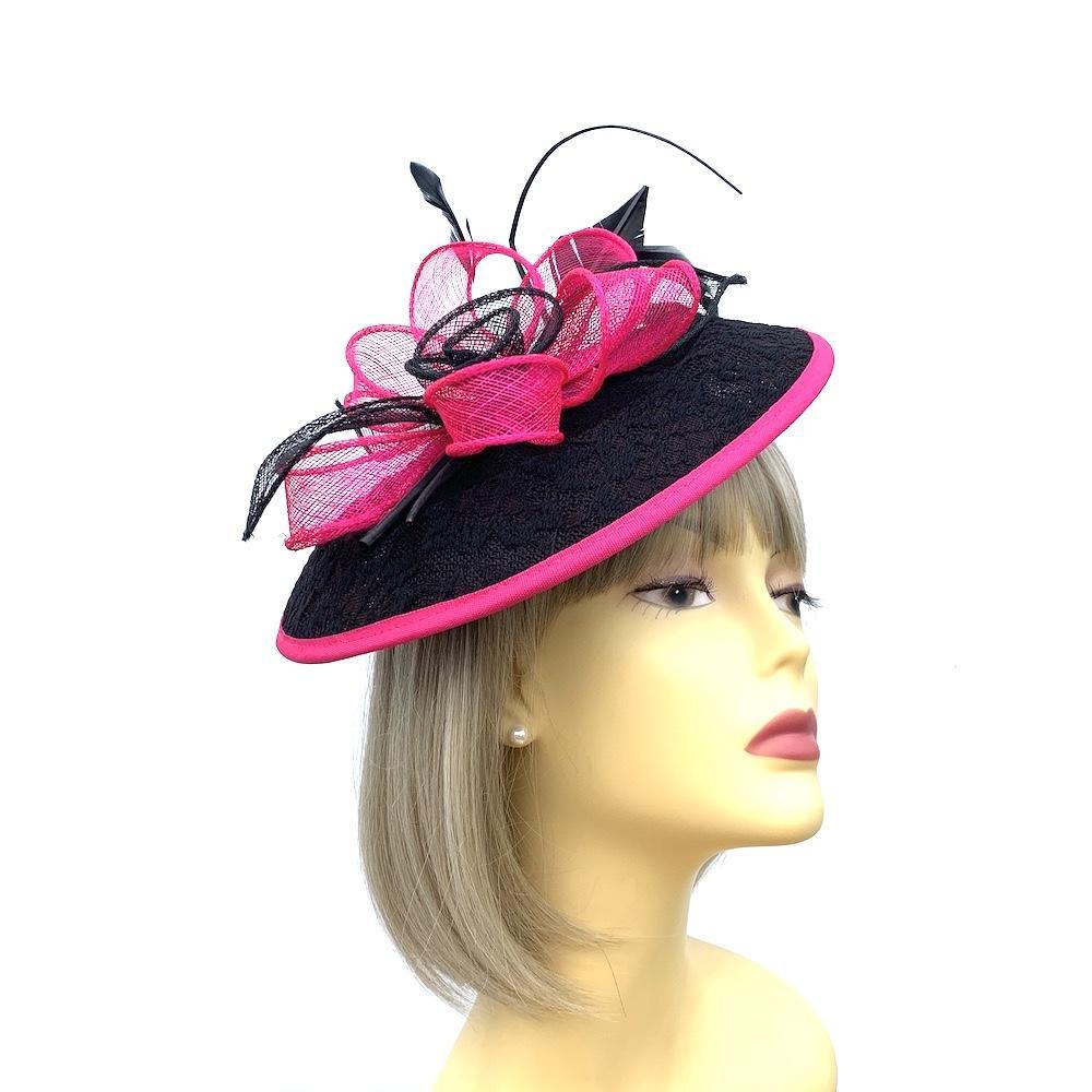 Black &amp; Pink Fascinator Hat with Embroidered Detail-Fascinators Direct