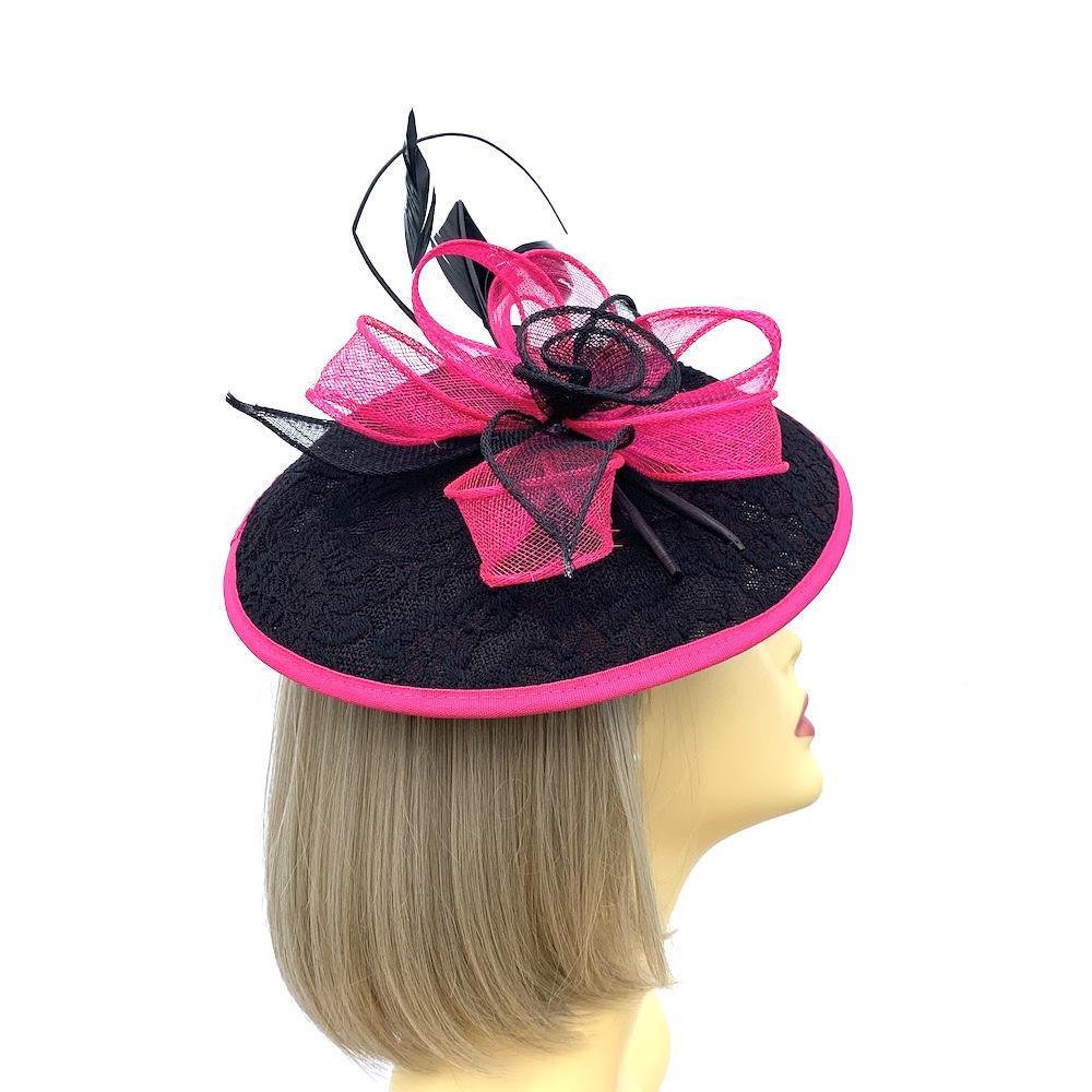 Black &amp; Pink Fascinator Hat with Embroidered Detail-Fascinators Direct