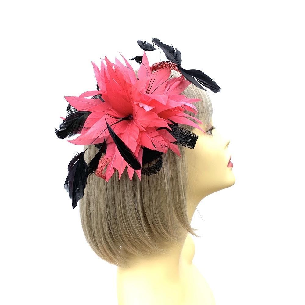 Black & Pink Feather Flower Fascinator Clip-Fascinators Direct