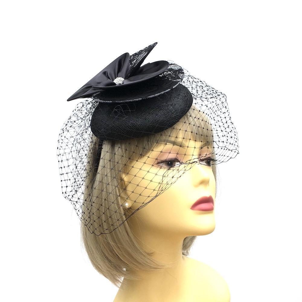 Black Poppy Pillbox Fascinator Hat with Veil-Fascinators Direct