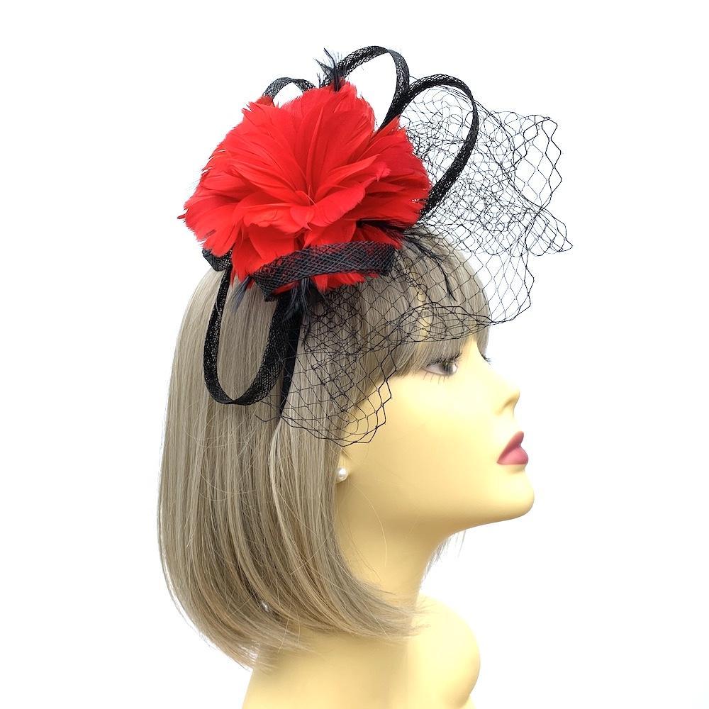 Black & Red Feather Flower Fascinator on Headband with Net-Fascinators Direct
