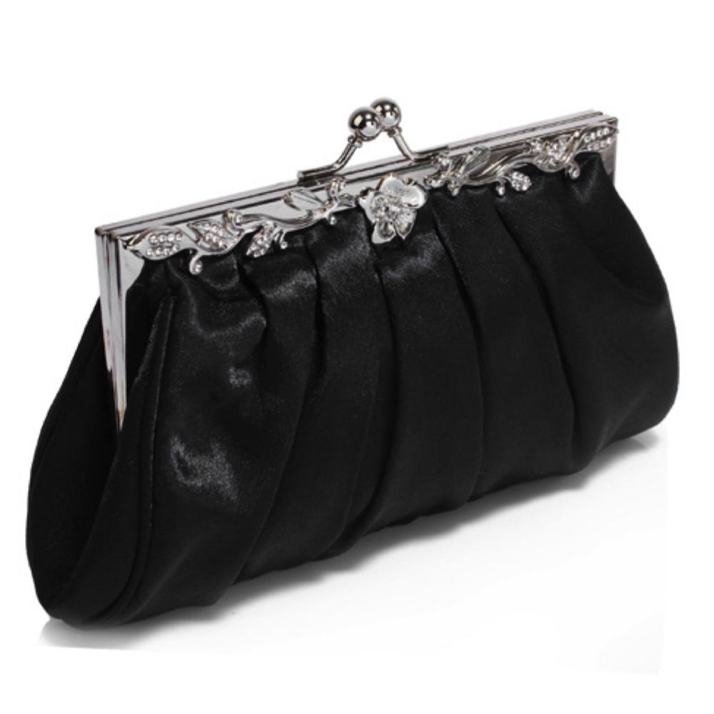 Vintage Style Black Satin Clutch Bag with Diamante Flower