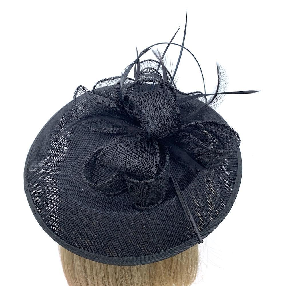 Black Sinamay Saucer Hatinator with Curled Quill-Fascinators Direct