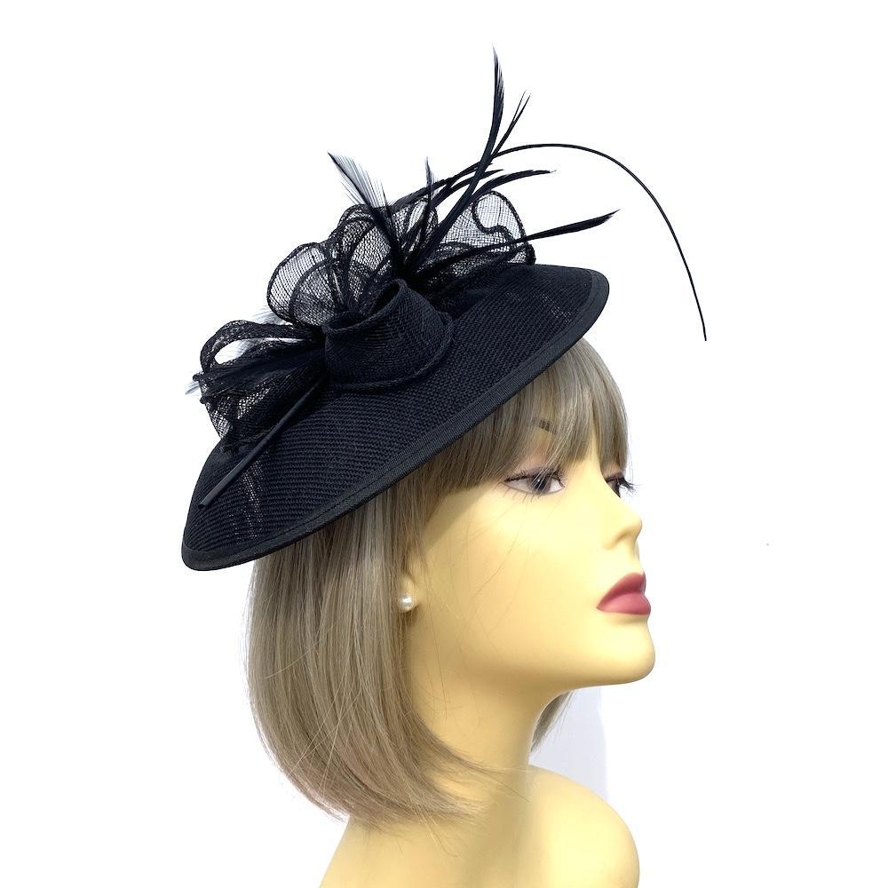 Black Sinamay Saucer Hatinator with Curled Quill-Fascinators Direct
