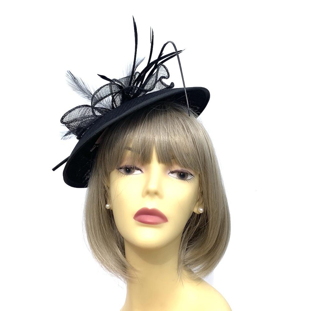 Black Sinamay Saucer Hatinator with Curled Quill-Fascinators Direct