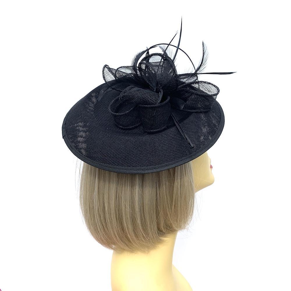 Black Sinamay Saucer Hatinator with Curled Quill-Fascinators Direct
