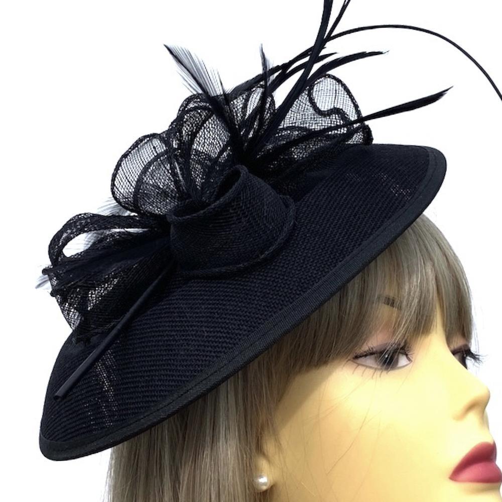 Black Sinamay Saucer Hatinator with Curled Quill-Fascinators Direct