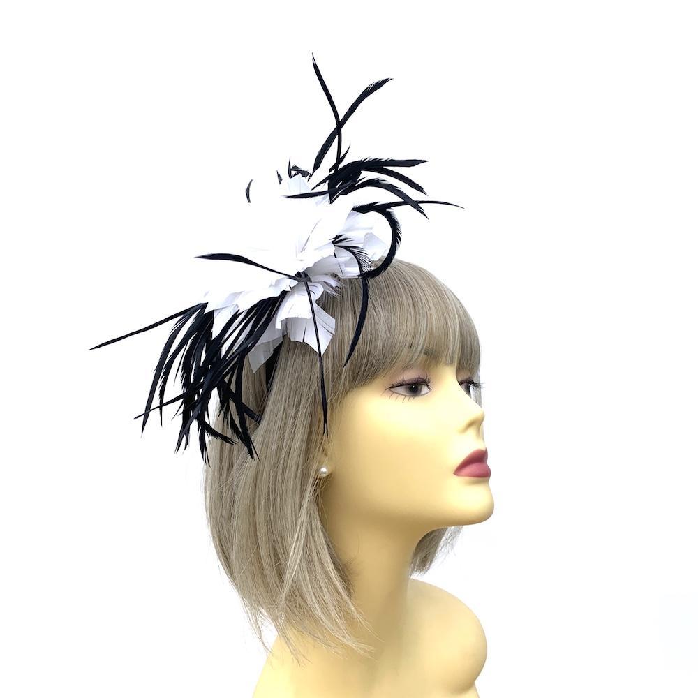 Black &amp; White Fascinator Headband with Feather Flower-Fascinators Direct