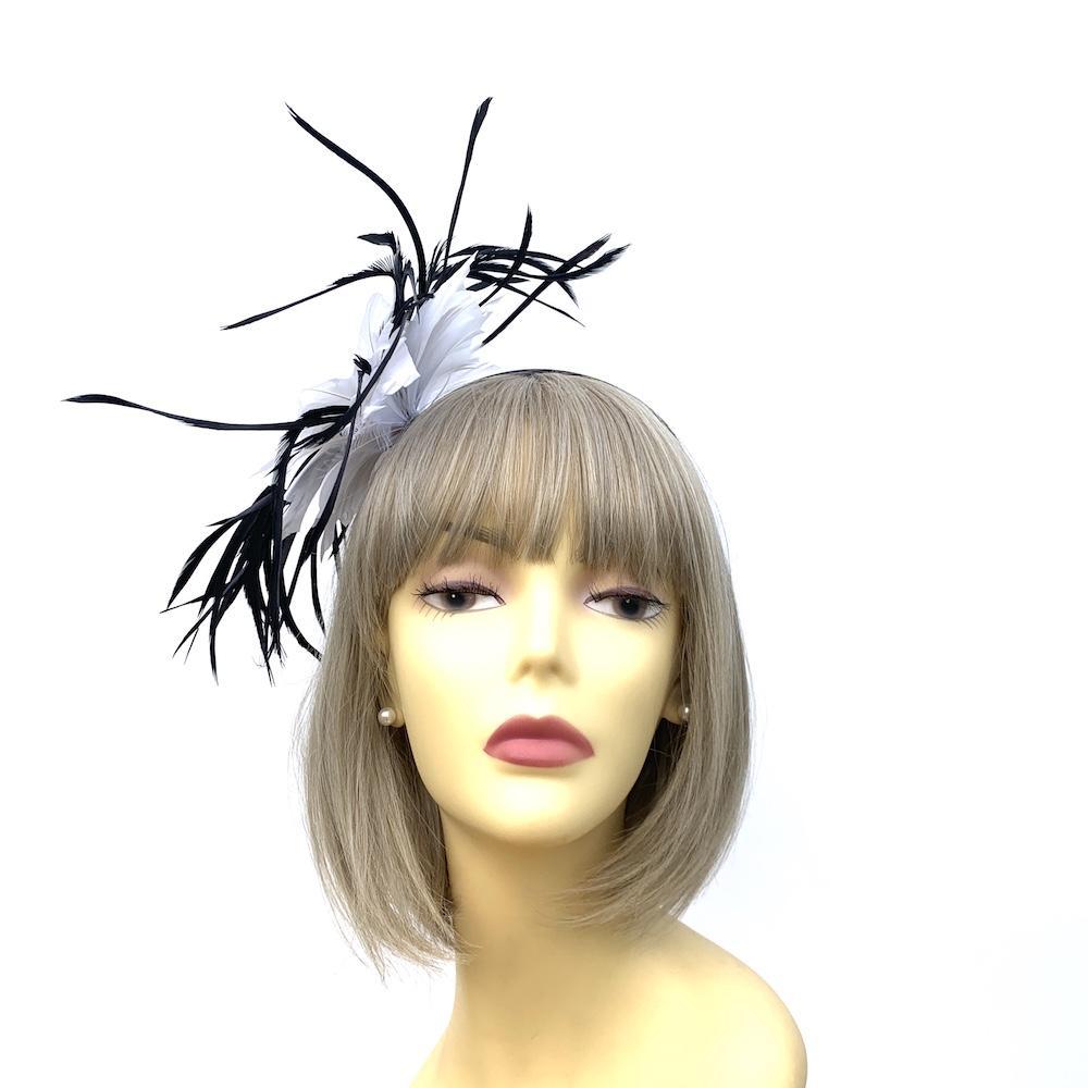 Black &amp; White Fascinator Headband with Feather Flower-Fascinators Direct