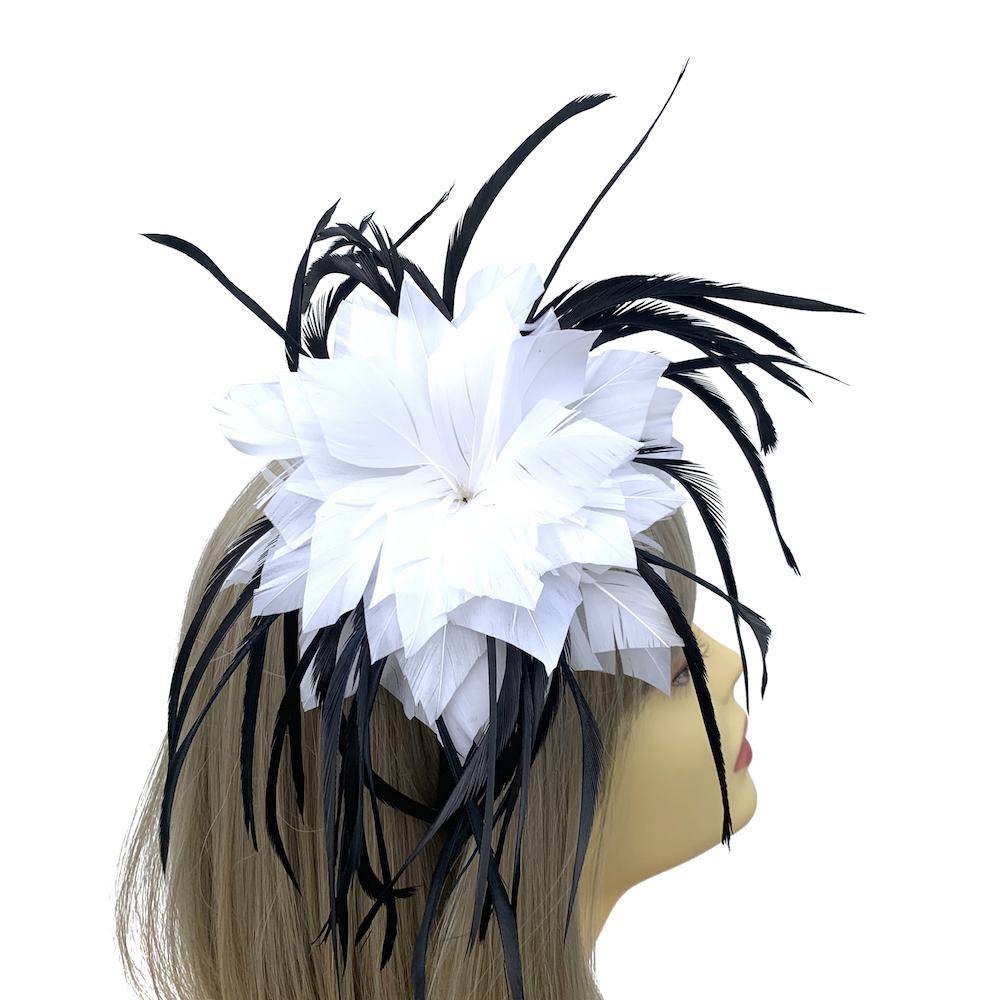 Black &amp; White Fascinator Headband with Feather Flower-Fascinators Direct