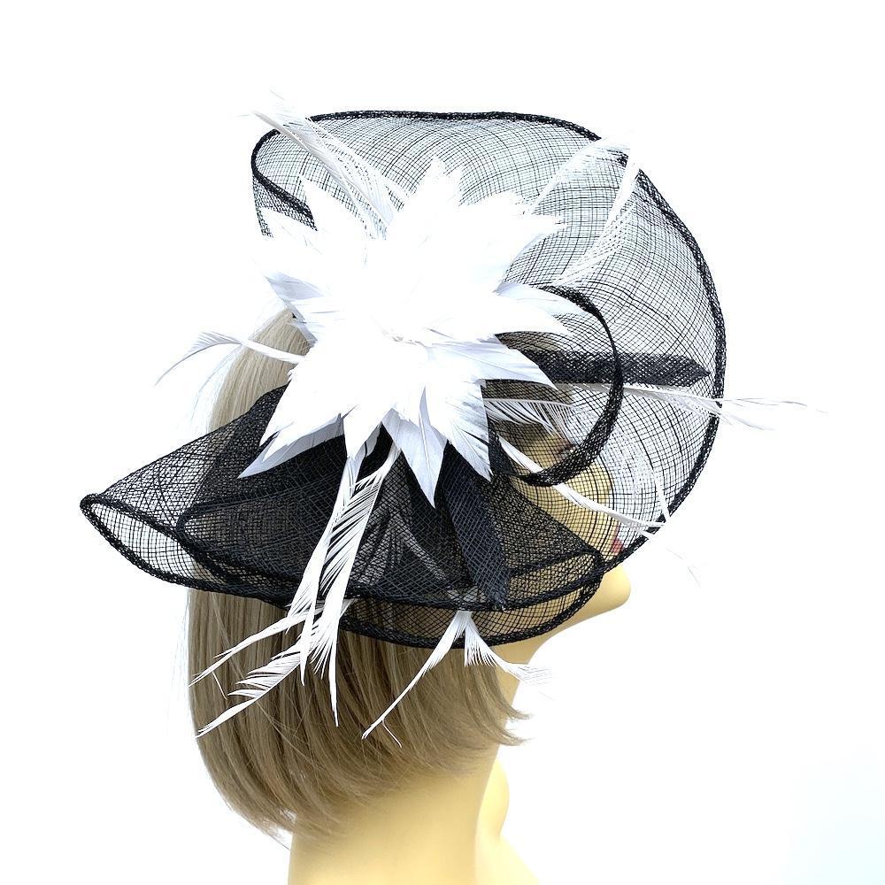 Black & White Fascinator on Comb with Feather Flower-Fascinators Direct