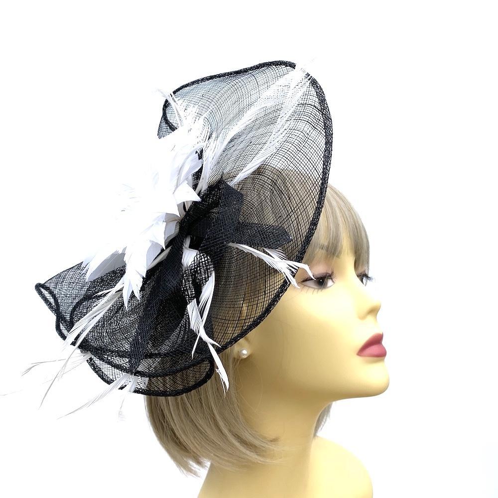 Black &amp; White Fascinator on Comb with Feather Flower-Fascinators Direct