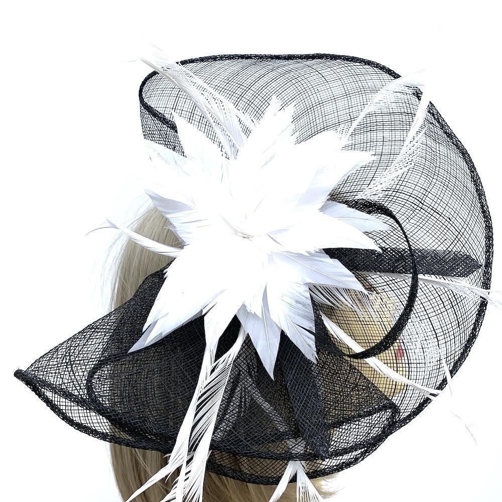 Black &amp; White Fascinator on Comb with Feather Flower-Fascinators Direct